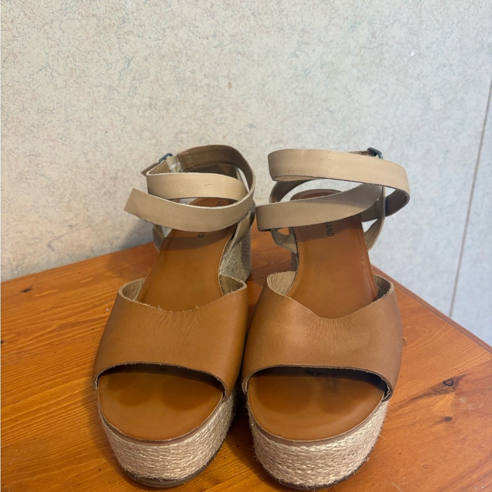 Lucky Brand Ginny Women's Tan Leather Espadrille Platform Sandals heel size 11